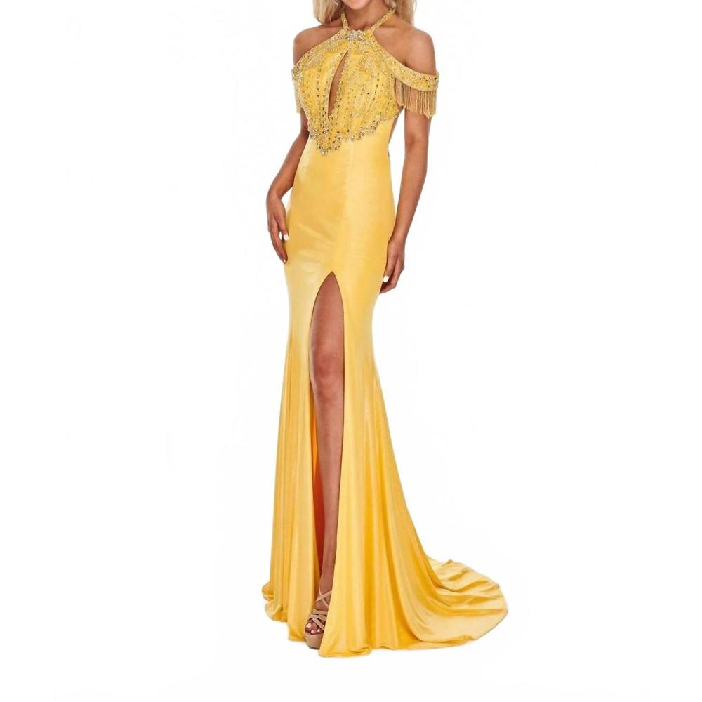 NEW RACHEL ALLAN lace-up back shimmer metallic jersey prom gown in yellow